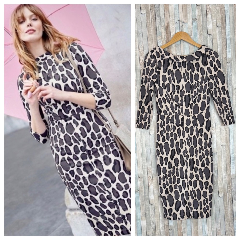 Boden 6 Marisa Ottoman Midi Dress Leopard Print Sheath 3/4 Sleeve Retro Career‎